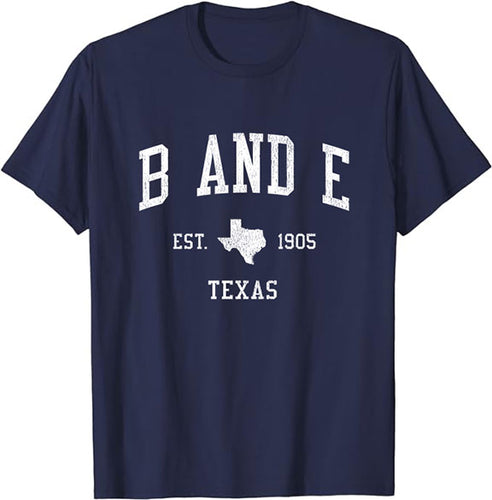 B and E Texas TX T-Shirt Vintage Athletic Sports Design Tee