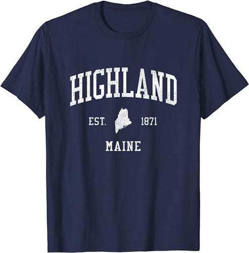 Highland Maine ME T-Shirt Vintage Athletic Sports Design Tee