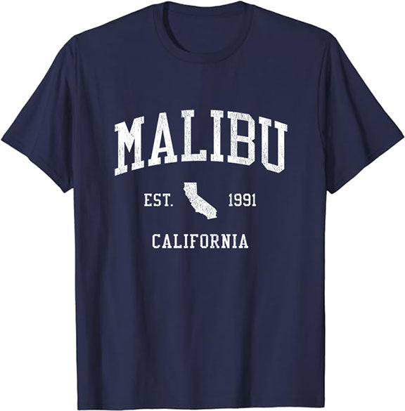 Malibu California CA T-Shirt Vintage Athletic Sports Design Tee